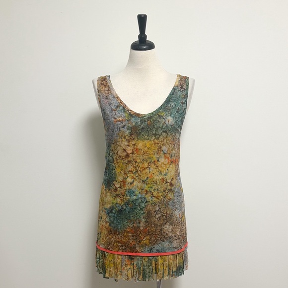 Shan Canada Abstract Mesh Scoop Neck Sleeveless Fringe Layered Mini Dress Tunic - Picture 1 of 9